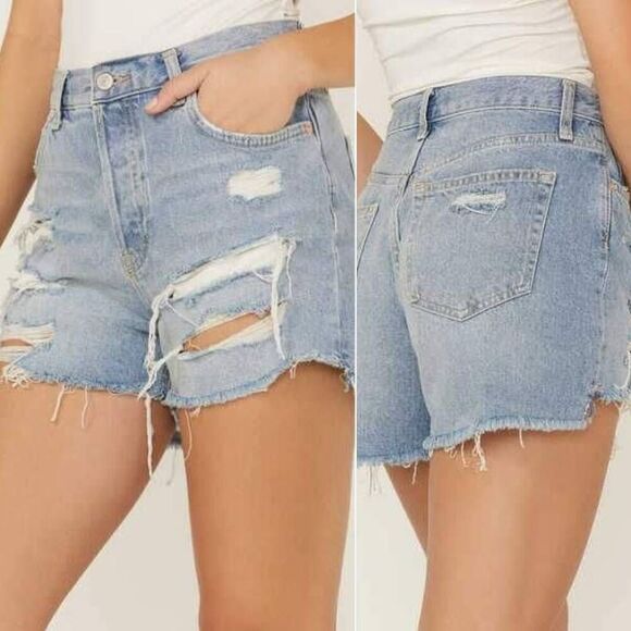 Free People Shorts Womens 26 Blue Denim Distressed 100% Cotton Casual Button-Fly - Picture 1 of 8